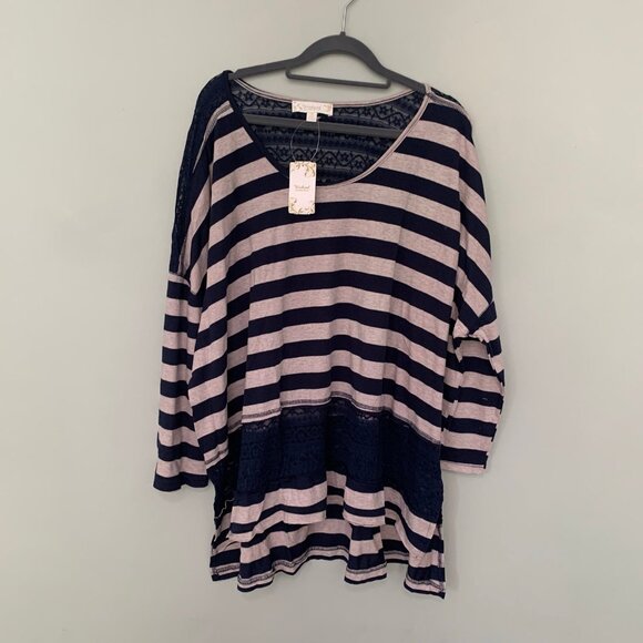 Suzanne Betro Tops - NEW Suzanne Betro striped long lines mixed materials lace detail shirt top‎